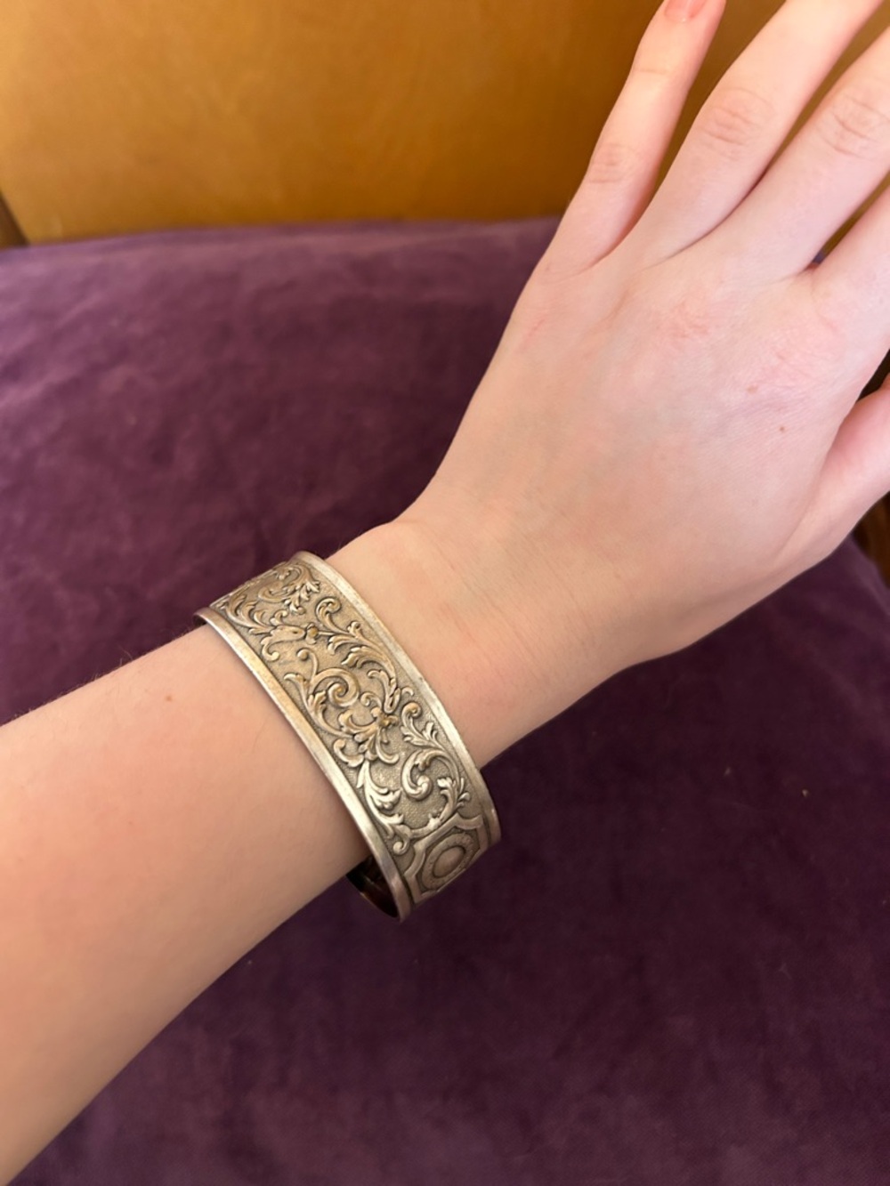 Antique-Style Silver Floral Engraved Cuff Bracelet - Silver